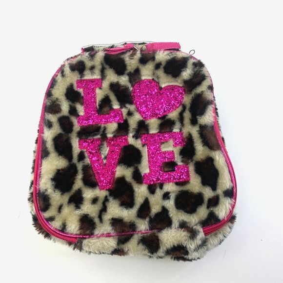 Cheetah Fur Pink Glitter LOVE Lunchbox Vinyl Interior Zip Around Purse Kitschy - Picture 1 of 6